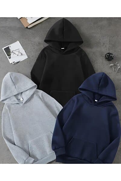 Rokeby Unisex 3'Lü Lacivert - Siyah - Gri Kanguru Cepli Kapüşonlu Basic Düz Sweatshirt Set Hoodie