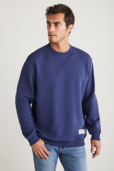 GRIMELANGE Travıs Erkek Organik Kumaşlı Yumuşacık Regular Fit Yuvarlak Yakalı Lacivert Sweatshirt