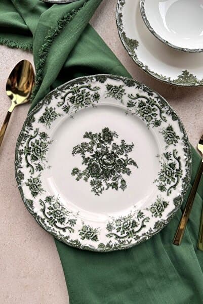 porselenden Antique Green 6 kişilik 25 cm Özel Tasarım Premium Porselen Servis Tabağı Takımı