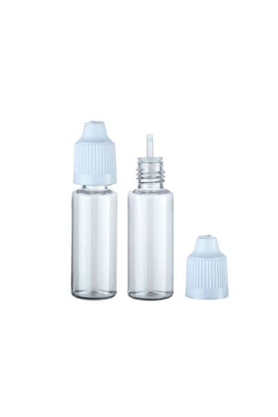 Güvenç Ambalaj 100 Adet - 20ml Şeffaf Plastik Likit Şişesi - Iğne Uclu Damlalıklı Pet Şişe, Beyaz Kapaklı