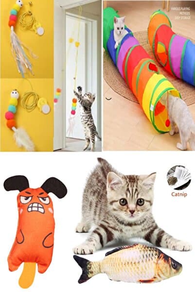 TİNEKE Oyun Seti Kedi Tüneli 1 Ad Elastik Olta 1 Ad Peluş Balık Sazan 1 Ad Peluş Fare Turuncu 1 Ad