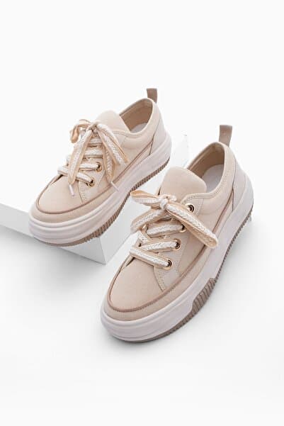 Marjin Kadın Yüksek Taban Sneaker Keten Kumaş Bağcıklı Spor Ayakkabı Hesna Bej