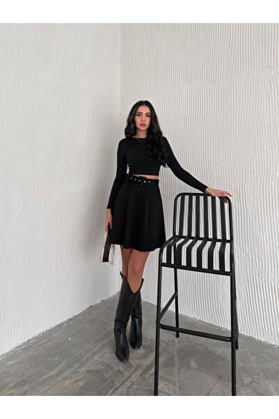 Ozy Fashion Kadın Siyah Renk Midi Boy Kemerli Süet Kloş Etek