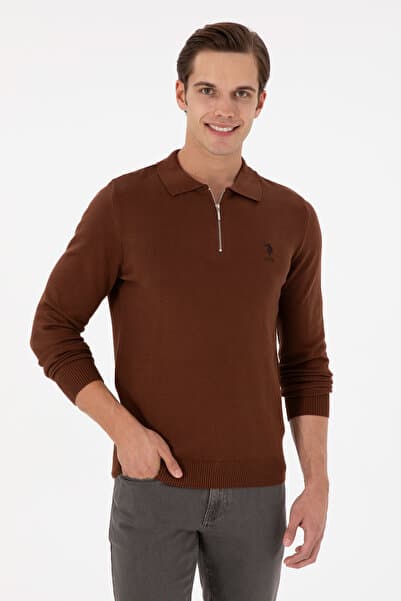 U.S. Polo Assn. Erkek Slim Fit Yarım Fermuarlı Kahverengi Basic Kazak 50297066-VR158