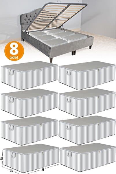 8 Adet - Antrasit Çizgili Büyük Boy Baza Altı Ve Çekyat Tipi Hurç 65 x 45 x 22 cm