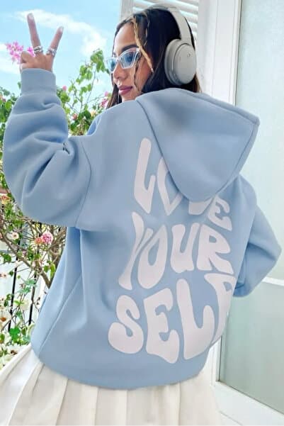 Wish BF Kapüşonlu Sweatshirt Oversize Love Your Self Baskılı 3 Iplik Şardonlu %100 Pamuk