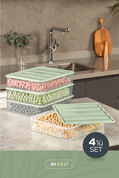 Vienev 4'lü 3,5 Litre Buzdolabı Dondurucu Organizer Mikrodalga Ve Difrize Uygun Saklama Kabı Mint