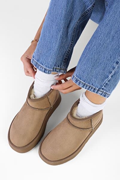 Shoeberry Kadın Uggys Vizon İçi Tüylü Kısa Süet Düz Bot