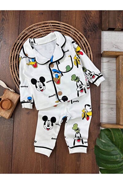 ENİA BABY %100 Pamuk Yumuşak Baskılı Kruvaze Yaka Önden Düğmeli Mevsimlik Pijama Takımı
