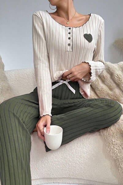 BELLA NOTTE Nakışlı Yeşil Pamuklu Kalp Detaylı Pijama Takımı