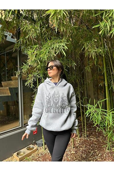 rockcity Gri Taşlı Kapüşonlu Oversize Sweatshirt Ünisex