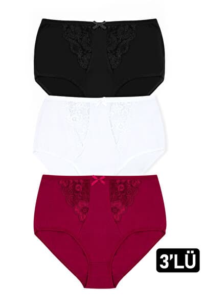 Kadın 3'lü Pamuk Rahatsız Etmeyen Yüksek Bel Dantelli Külot, High Cut