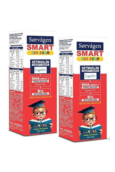 Sorvagen Kids Sıvı Form - Sitikolin DHA Omega 3 Norveç Balık Yağı ve B12 - 150 ml - 2 Adet