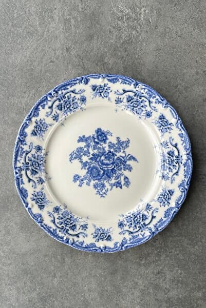 porselenden Antique Baby Blue 6 kişilik 25 cm Özel Tasarım Premium Porselen Servis Tabağı Takımı Mavi Çiçekli