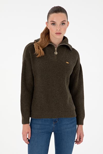 U.S. Polo Assn. Kadın Haki V Yaka Fermuarlı Kazak 50297086-VR027