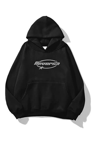 Violon Siyah Unisex Oversize Reverse Parıltılı Taş Baskılı Sweatshirt