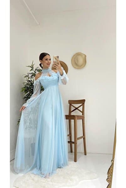 sarebutik Bebe Mavisi Tül Uzun Abiye Elbise Mezuniyet Düğün