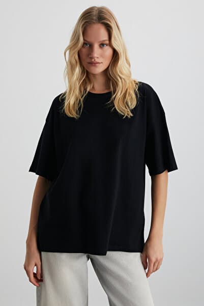 GRIMELANGE Lagertha Kadın %100 Organik Pamuklu Kalın Dokulu Oversize Fit Yuvarlak Yakalı Siyah T-shirt