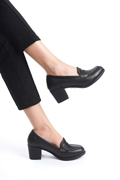 ANALİN SHOES Kadın Hakiki Deri Saraçlı Klasik Topuklu Ayakkabı Siyah