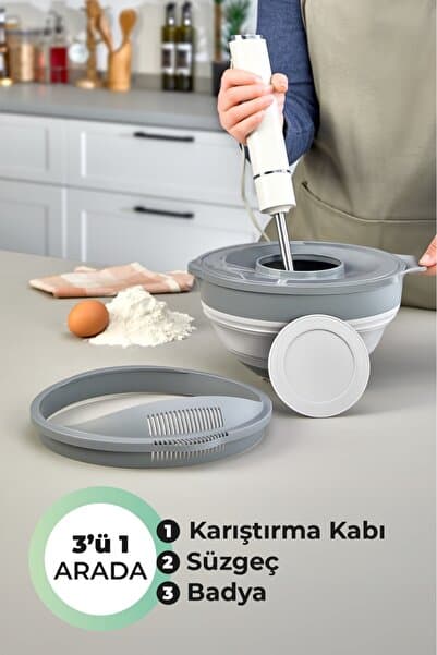 Kitchen Life 3'ü 1 Arada Katlanabilen Mikser Karıştırma Kabı, Süzgeç, Badya 4 Parça Mutfak Hazırlık ve Çeyiz Seti
