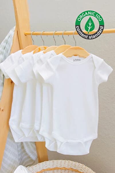 Lilabio %100 Organik Pamuk 5li Beyaz Kısa Kollu Bebek Body Zıbın