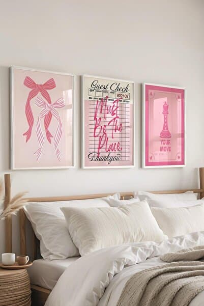 postifull Beyaz Çerçeveli Tablo Seti, Pembe İllustrasyon Duvar Tablosu, 3 Adet Poster Seti, No:300788
