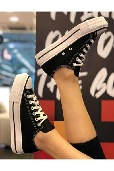 ELİTE STEP Kalın Tabanlı Siyah Beyaz Yarım Bilek Keten Sneaker Spor Ayakkabı