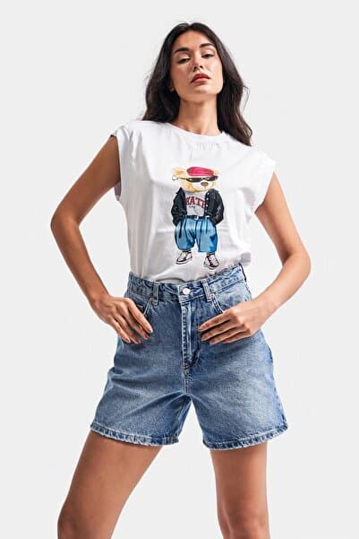 it's basic Kadın Mavi Renk Diana Mom Fit Midi Boy Denim Şort