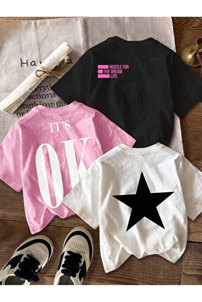 MODARİCH 3'lü Ok Star Dream T-shirt - Beyaz Pembe Siyah Oversize Baskılı Bisiklet Yaka Baskılı Kısa Kol Bol