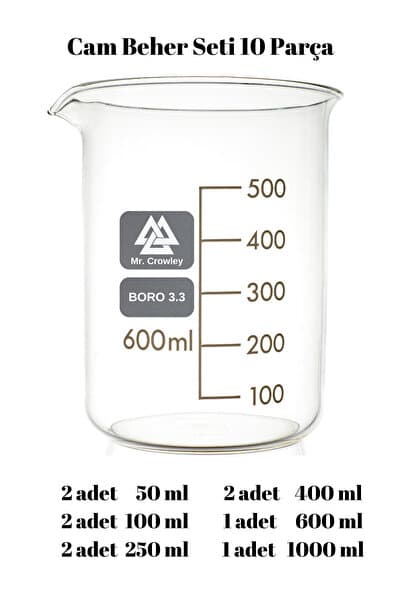 Mr. Crowley Cam Beherglas 10'lu Set 2 Adet 50 Ml, 2 Adet 100, 2Adet 250, 2Adet 400, 1 Adet 600 Ve 1 Adet 1000 ml