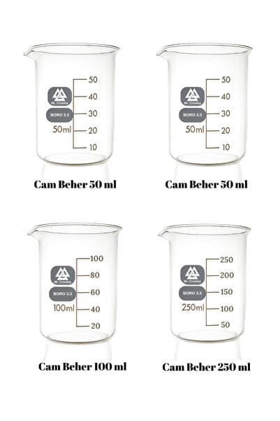 Mr. Crowley Cam Beher 2 adet 50 ml, 1 adet 100 ml ve 1 adet 250 ml Set 4 Parça Isıya Dayanıklı Beherglas