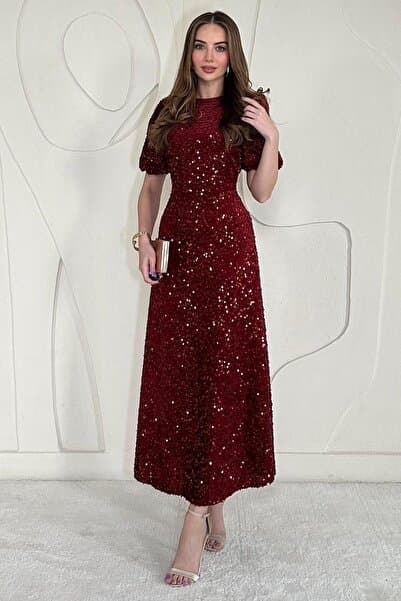 Elbee Fashion Woman Bordo Midi Boy Pul Payet Elbise