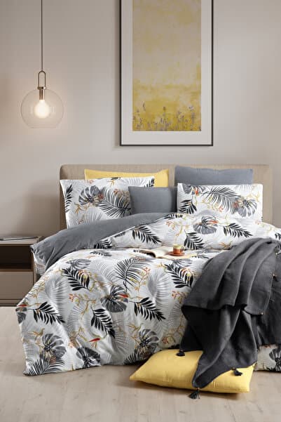 MyStory Home Lastikli Çarşaflı Çift Kişilik Nevresim Takımı Monstera Gri