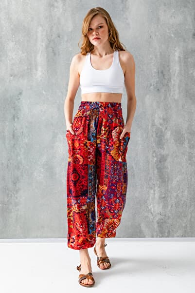 GİYSA Kırmızı Etnik Desenli Kadın Şalvar Yoga Pantolonu %100 Viskon Çift Cepli - 2460