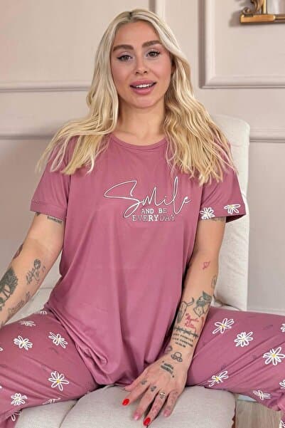 Pijamaevi Pudra Smile Everyday Desenli Bambu Kısa Kol Kadın Pijama Takımı