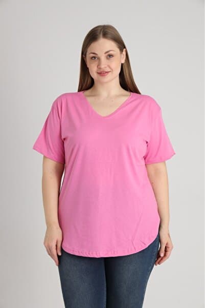 Orly More Kadın V Yaka Büyük Beden Etek Kısmı Yırtmaclı ve Dikişli T-shirt