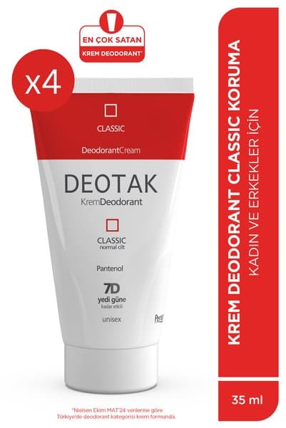 Deotak Classic Koruma Krem Deodorant 35 ml x 4 Adet 7 Güne Kadar Etkili Ter Önleyici Hassas Cilt Unisex