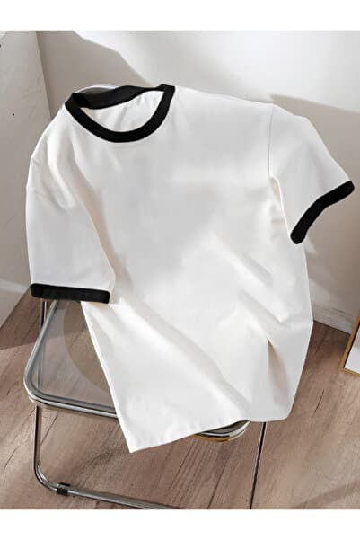 Revasser Unisex Erkek/Kadın Lacivert Beyaz Yaka Düz Oversize Pamuklu T-Shirt Tişört