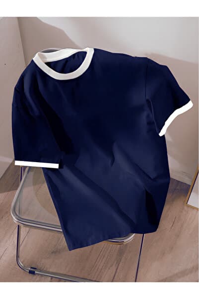 Revasser Unisex Erkek/Kadın Lacivert Beyaz Yaka Düz Oversize Pamuklu T-Shirt Tişört