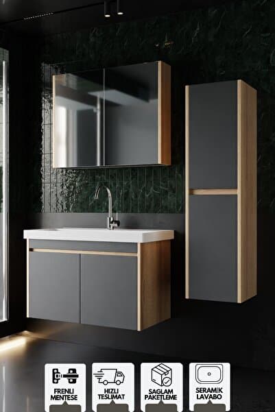 KAREN BANYO Dallas 80 Cm Lavabolu, Aynalı, Banyo Dolabı, Lavabo Dahil Boy Dolabı Dahil S.meşe-antrasit