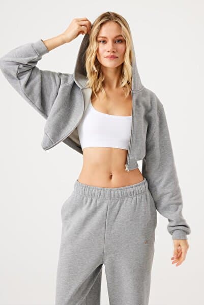 Jerf Aura Fermuarlı Crop Hoodie Gri Melanj