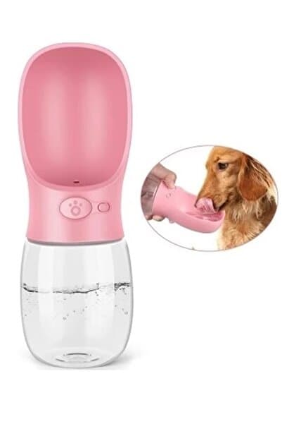 İndirimKap Taşınabilir Kedi Köpek Suluğu Seyahat Su Şişesi Kaseli Emniyetli Sızdırmaz Kutulu 350ml Pembe