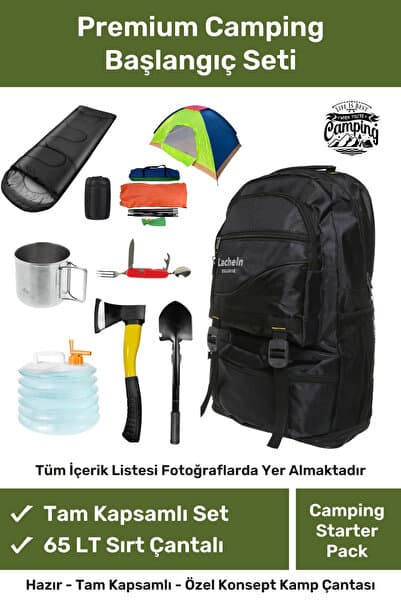 Lacheln Premium Camping Starter Pack Tam Kapsamlı Profesyonel İçerik Hazır Başlangıç Seti Kamp Sırt Çantası