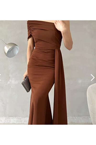 Mekafashion Ewo Kuyruklu Tek Omuz Abiye 582108 Acı Kahve