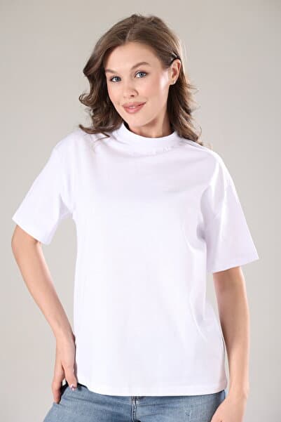 Tight Lady %100 Organik Pamuk Kadın Beyaz Basic Ribana'lı Dik Yaka Örme T-shirt