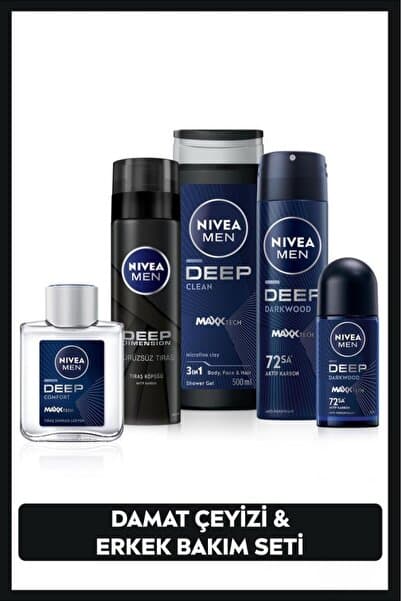 NIVEA MEN Erkek Damat Çeyiz Seti, Duş Jeli 500ml, Deodorant 150ml, Roll-on 50ml, Tıraş Köpüğü, Losyon100ml
