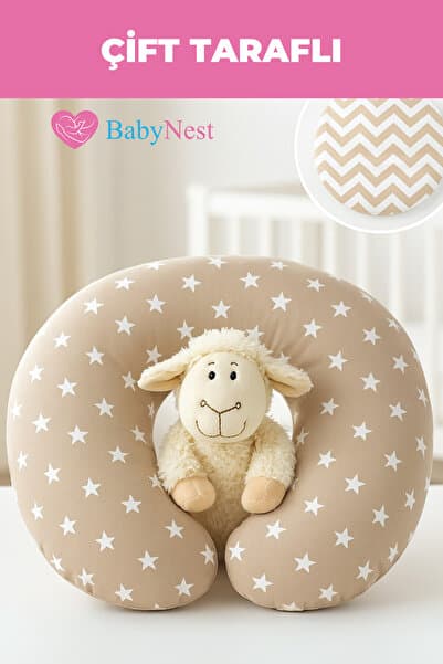 Babynest Emzirme Yastığı Ve Destek Minderi Krem Yıldız Ve Krem Zikzak (BEYAZ BİYELİ)