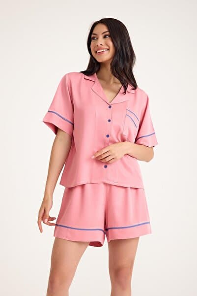 Amarelle Dream Pembe Viskon Kısa Kollu Şortlu Önden Düğmeli Pijama Takım