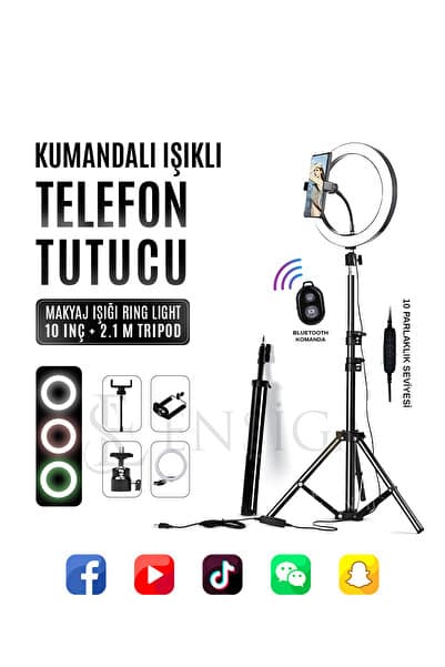 Kumandalı Youtuber Tiktok Çekim Işıklı Telefon Tutucu Makyaj Işığı Ring Light 10 Inç + 2.1 M Tripod