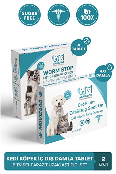 muvicado Kedi Köpek İç Dış Anti Parazit Uzaklaştırıcı Bitkisel Damla Ödül Tablet Seti Bit Pire Giderici